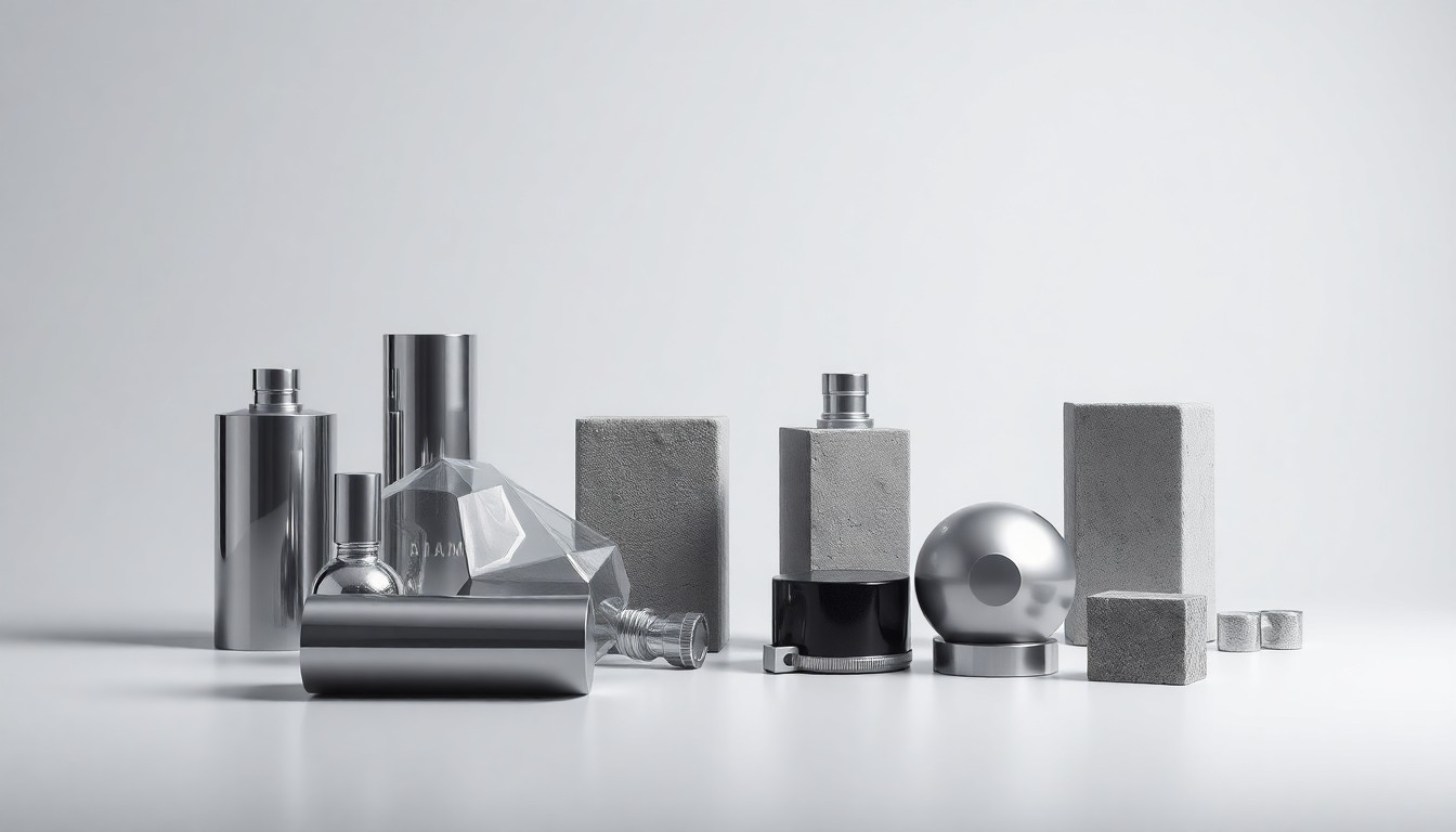 A high-end, photorealistic studio still-life photograph featuring a collection of sleek, geometric industrial objects made from polished metal, glass, and concrete, arranged elegantly on a clean, monochromatic background to represent the abstract concepts of corporate strategy and economic development.