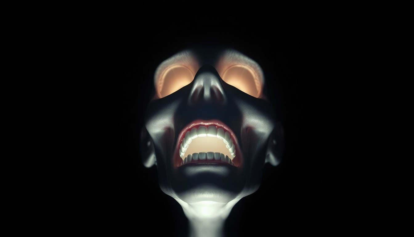 An extreme close-up of a severed head prop, its gruesome details starkly illuminated by a harsh flash against a dark background, conceptually representing the fabrication of a false news story.