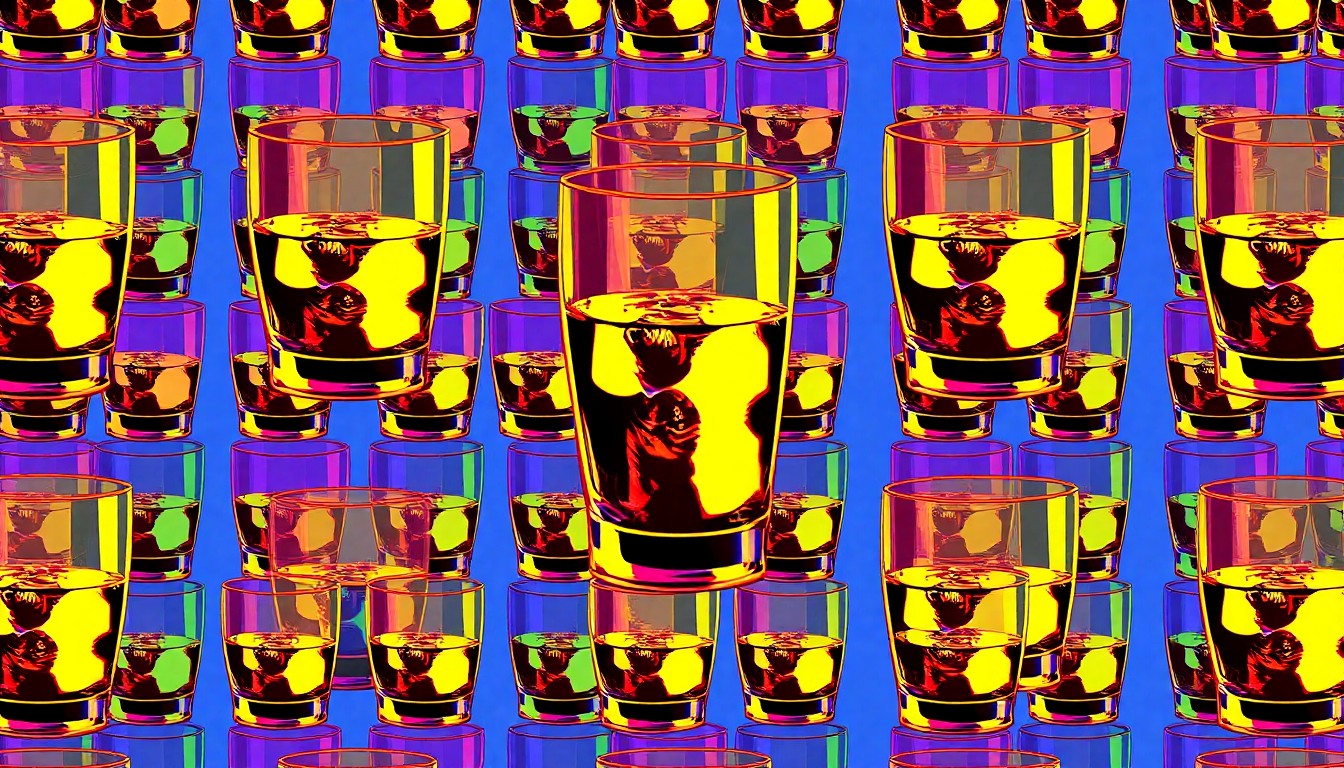 A vibrant, high-contrast silkscreen print featuring a repeated image of a whisky glass in a grid pattern, using a bold, neon color palette and heavy black outlines to create a modern pop art aesthetic.