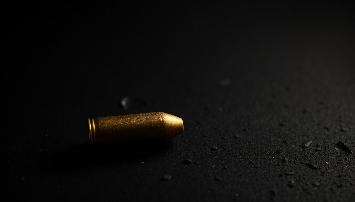 An extreme close-up photograph of a single spent shell casing on a dark, textured surface, conceptually illustrating the aftermath of a violent crime.