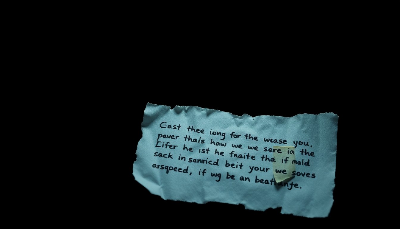 An extreme close-up of a crumpled, torn piece of paper with handwritten text, the harsh lighting and stark black background creating a gritty, investigative aesthetic that conceptually represents the elusive evidence in a mysterious disappearance.