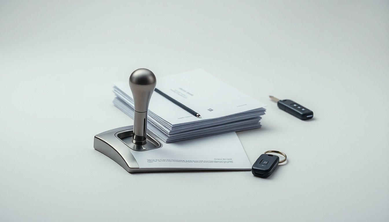 A photorealistic studio still life featuring a polished metal truck gearshift, a stack of official-looking documents, and a set of car keys, all arranged elegantly on a clean, monochromatic background to represent the abstract concepts of transportation, regulation, and economic growth in North Dakota's key industries.