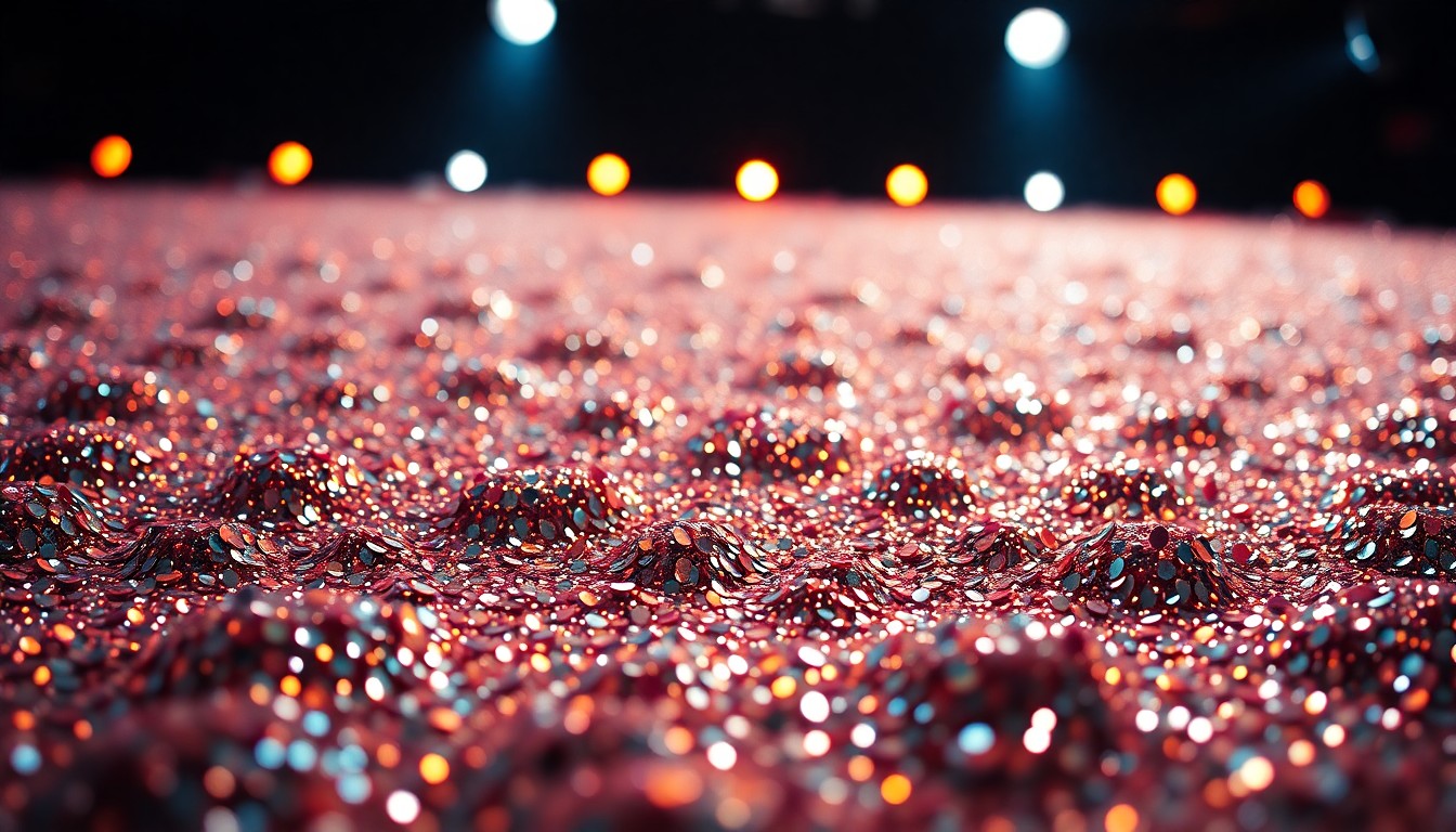 An extreme close-up photograph of shimmering, glittering sequins in high-contrast, dramatic studio lighting, capturing the luxurious, high-fashion aesthetic of a major concert tour.