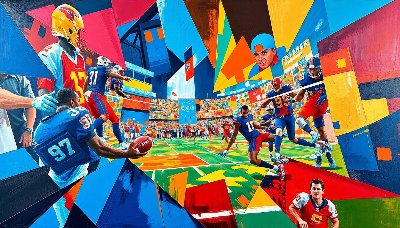 A cubist, geometric painting depicting the dynamic movements and energy of a football game, with sharp, overlapping planes of color representing the intensity and excitement of the sport.