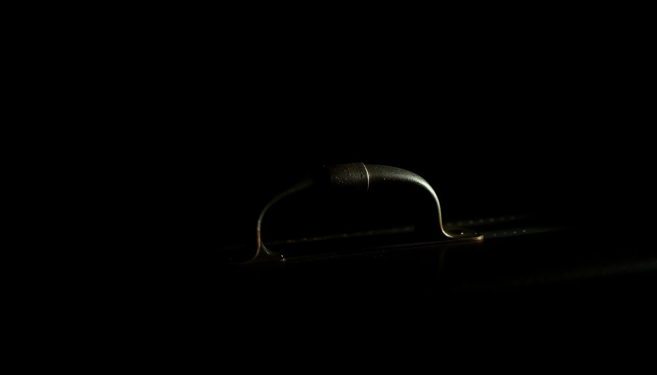An extreme close-up photograph of a weathered suitcase handle, lit by a harsh flash against a dark background, conceptually representing the gritty investigation into a disturbing crime scene.