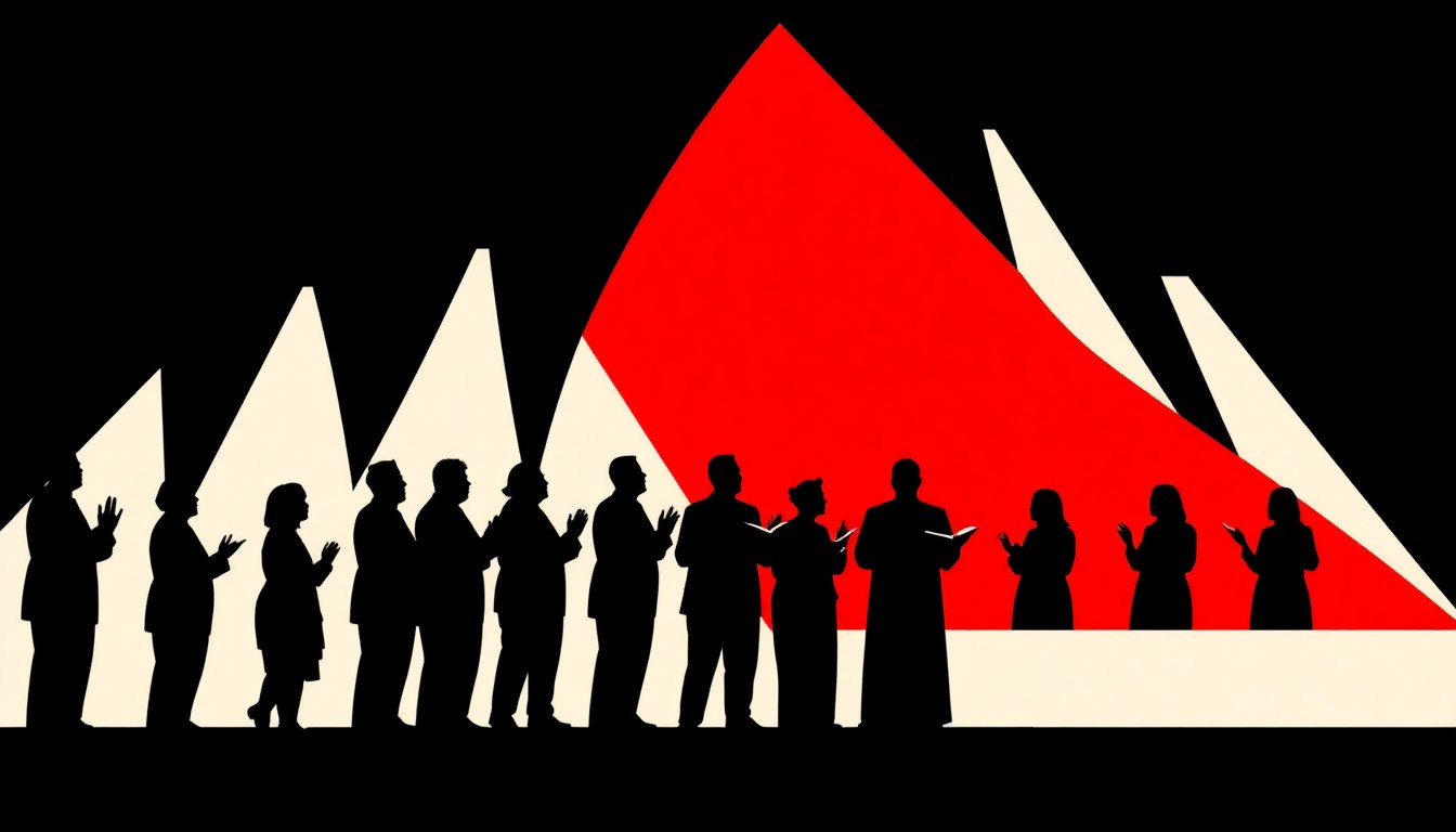 An abstract, minimalist illustration featuring bold, jagged shapes and silhouettes in high-contrast colors, conceptually representing a choir performance and the theme of transformation.