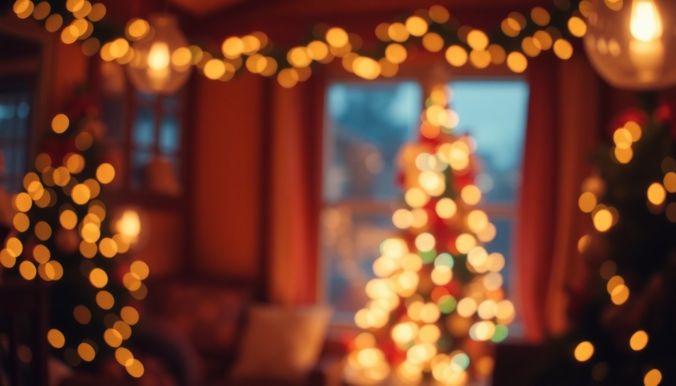 An abstract, impressionistic photograph in warm tones showing a blurred, out-of-focus holiday scene with soft, glowing lights and festive decorations, conveying a sense of cozy celebration.