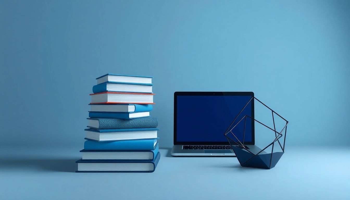 A high-end, photorealistic studio still-life featuring a stack of textbooks, a laptop, and a stylized geometric sculpture in shades of blue and grey, symbolizing the intersection of education, technology, and innovation.