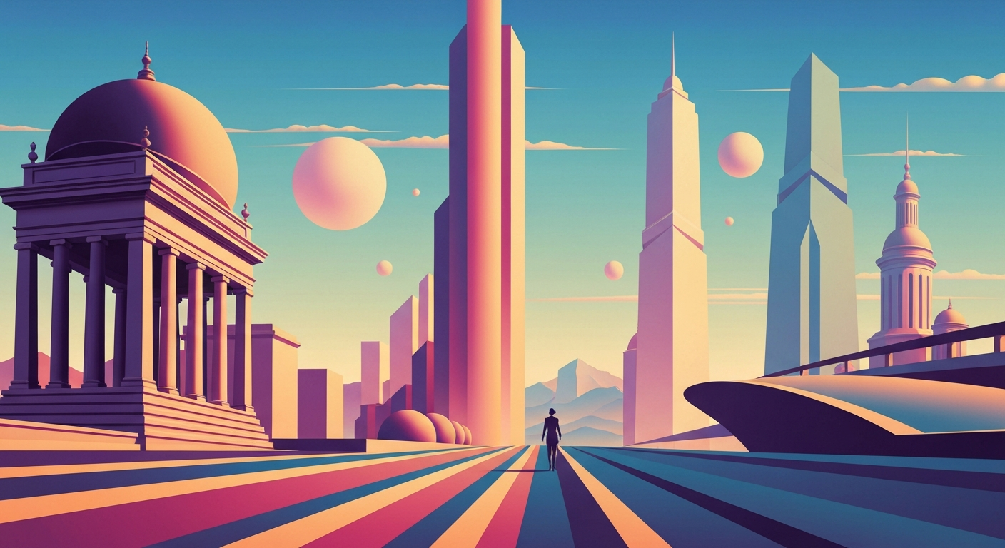 A highly stylized, geometric illustration featuring sweeping gradients and towering architectural forms, conceptually representing the grand scale and streamlined experience of NextTrip's new travel platform.