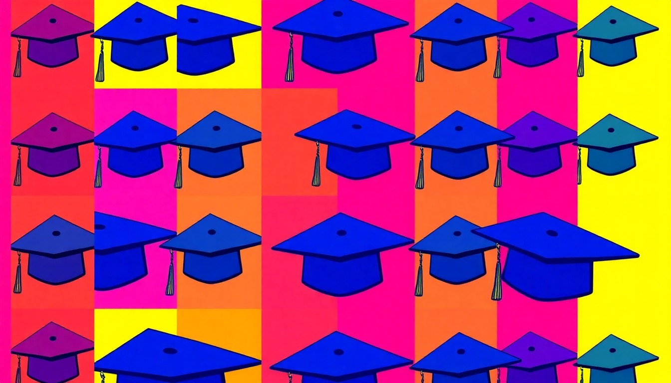 A grid of brightly colored, high-contrast silkscreen images of a mortar board graduation cap, representing the transition of leadership at North Dakota State University.