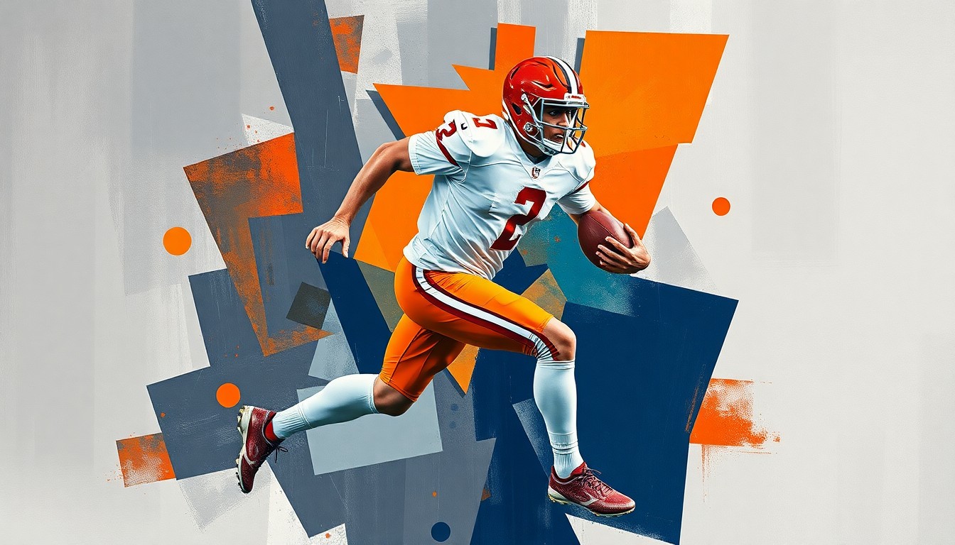 A fragmented, geometric painting depicting a football player in mid-stride, with sharp planes of steel grey, burnt orange, and navy blue capturing the dynamic energy of the sport.