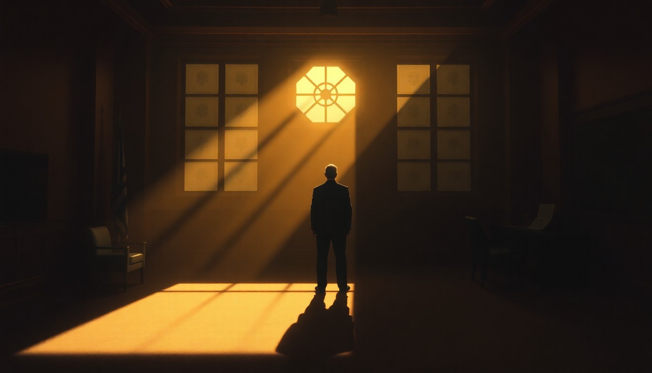 A dimly lit government office scene with a lone figure standing by a window, the room bathed in warm, diagonal sunlight and deep shadows, conceptually representing the political tensions and disruptions caused by the budget impasse.