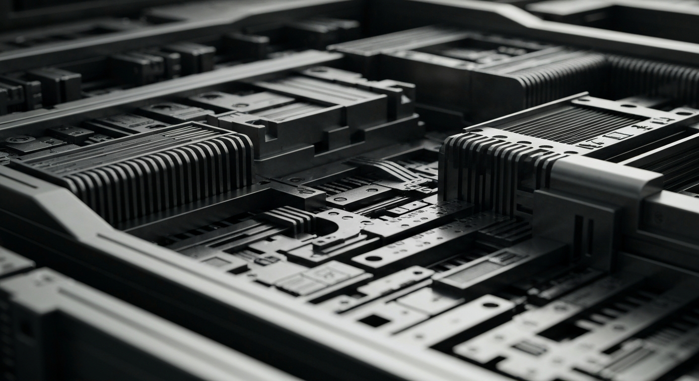 An extreme close-up of intricately designed metal gears, circuits, and other industrial components, representing the complex financial and technological systems that underpin major software companies.