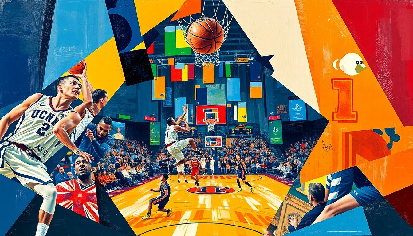 A cubist-style painting featuring overlapping geometric shapes and planes in the colors of the UConn and Illinois basketball uniforms, conceptually representing the dynamic action of a high-stakes NCAA tournament game.