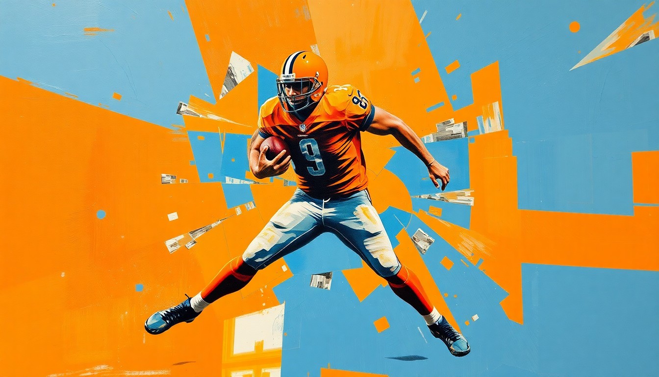 A cubist-style painting depicting a football player in motion, broken down into overlapping geometric shapes in the team's colors of orange and blue, conveying the fragmented nature of the injury and its impact on the team.