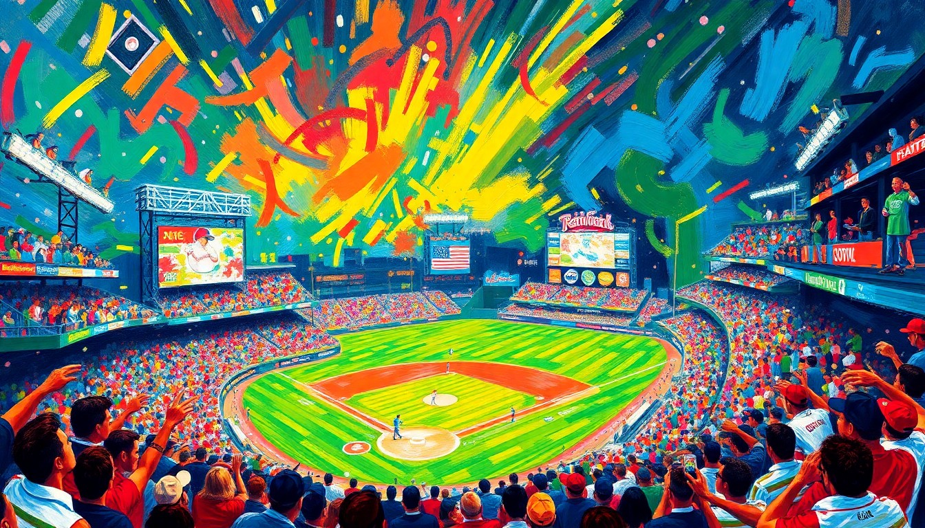 A vibrant, expressionist painting in neon colors depicting the dynamic energy and movement of a baseball game, with players and fans blending into an abstract, textured composition.