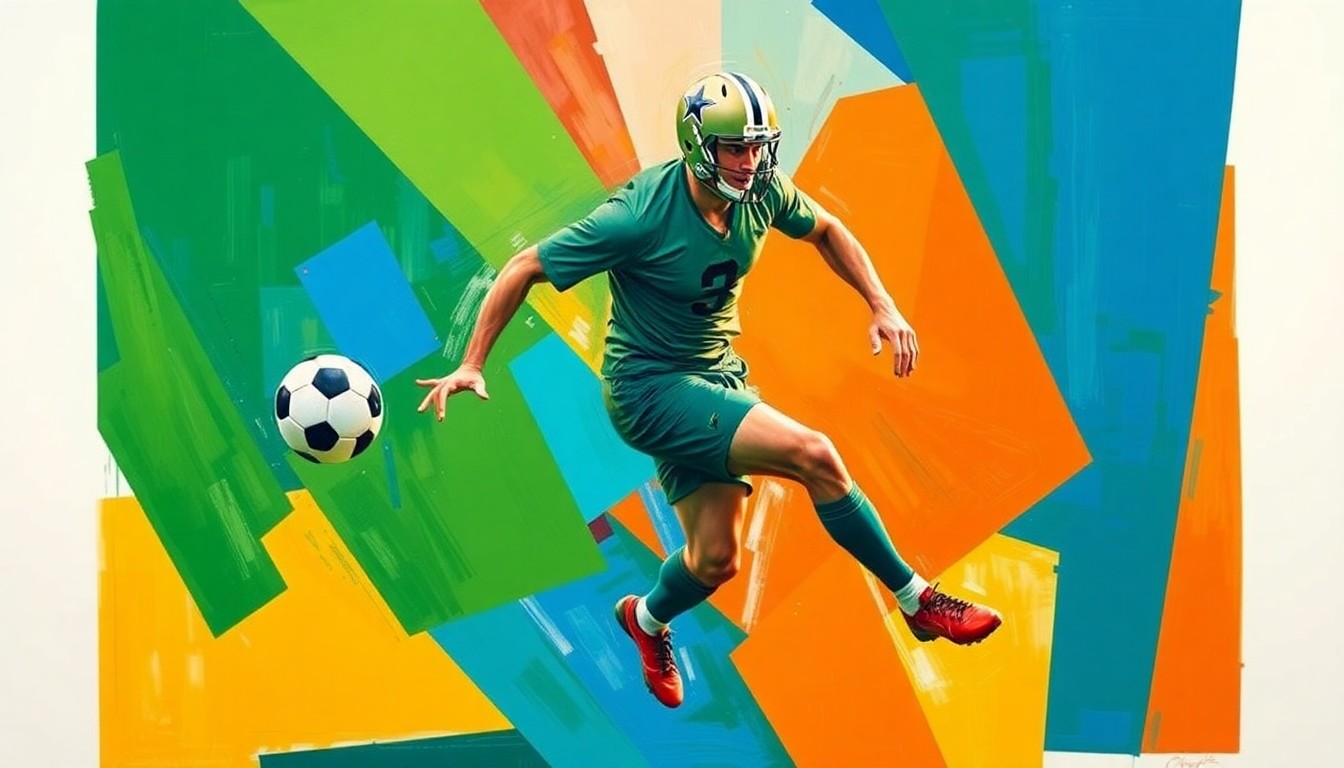 A fragmented, geometric painting depicting a football player in mid-motion, with sharp, overlapping planes of vibrant green, blue, and orange hues.