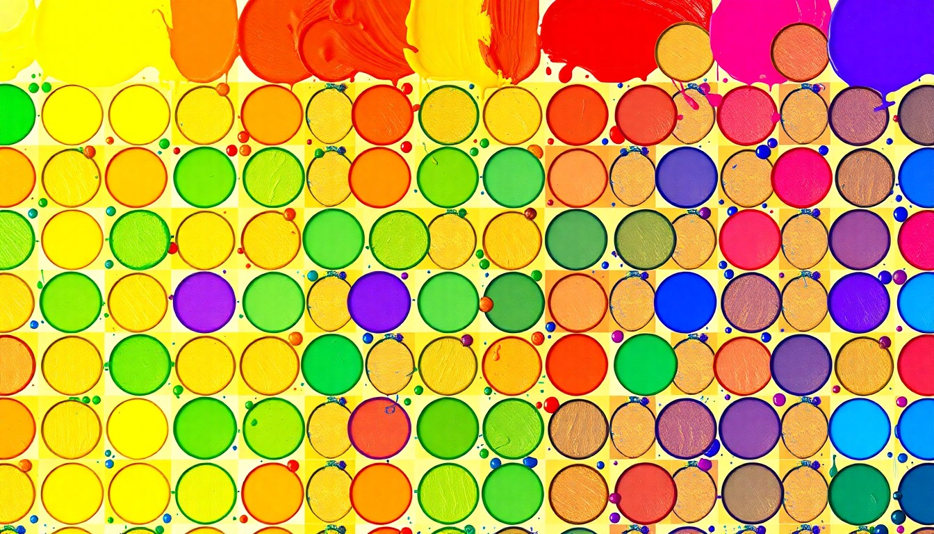 A bold, colorful silkscreen print featuring a repeating pattern of a paint palette, representing the creativity and artistic expression of young students.