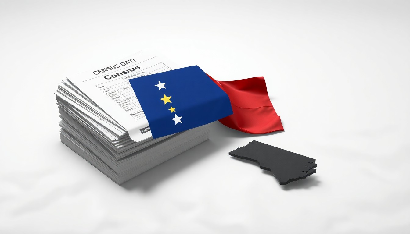 A photorealistic studio still life featuring a stack of census data reports, a North Carolina state flag, and a model of the state's outline, all arranged elegantly on a clean, white background and dramatically lit to symbolize the challenges of population growth and demographic shifts.