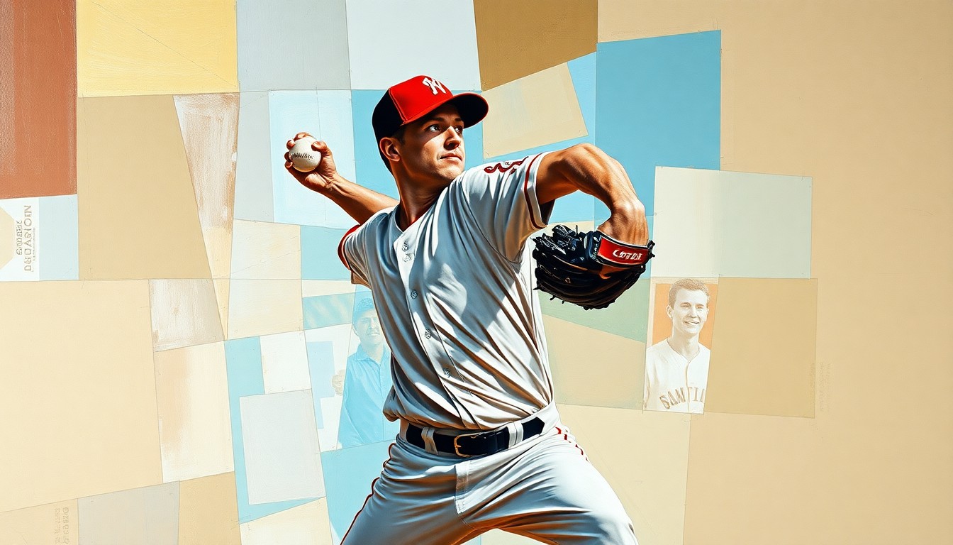 A cubist, geometric painting depicting a baseball pitcher's windup and delivery broken down into sharp, overlapping planes of color and form, conceptually representing the Mariners' accelerated development plan for their top young talent.