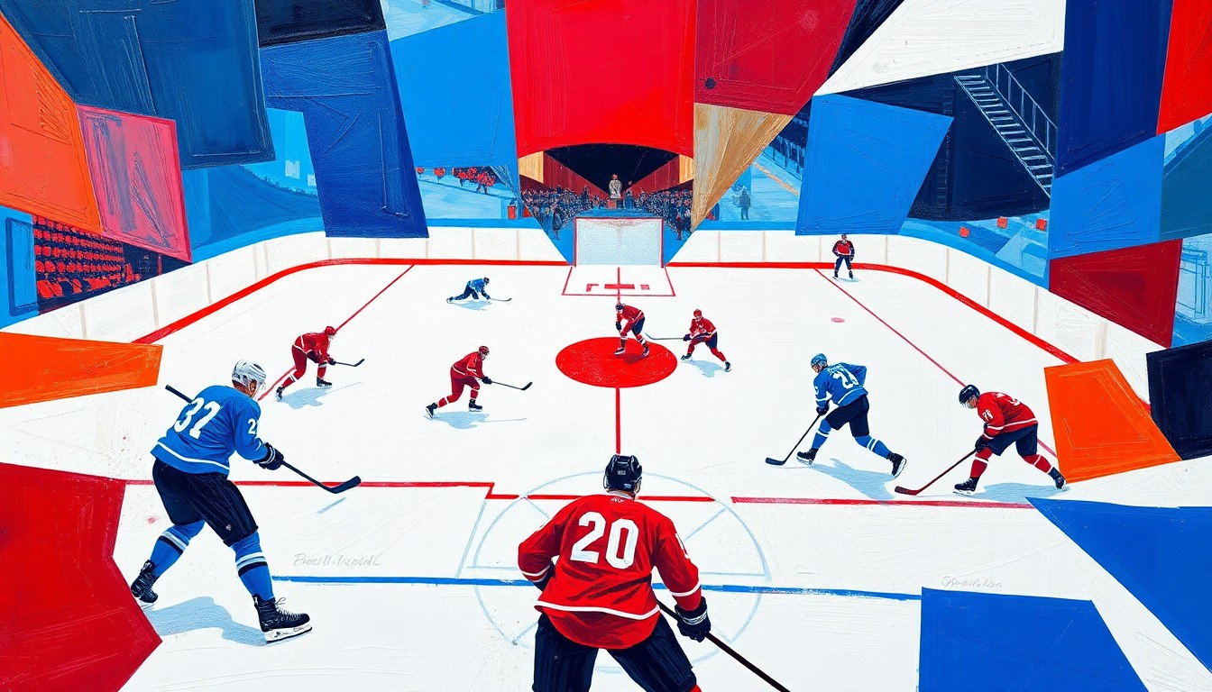 A fractured, multi-perspective painting in bold, geometric shapes and colors, conceptually representing the turmoil surrounding the Toronto Maple Leafs' season.