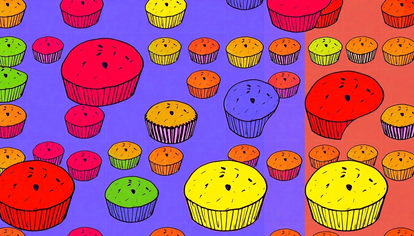 A brightly colored, high-contrast silkscreen print of a single, iconic Affrilachian cuisine object such as a cornbread muffin or collard greens, repeated in a tight grid pattern, conceptually representing the resurgence of Black culinary culture in Asheville.