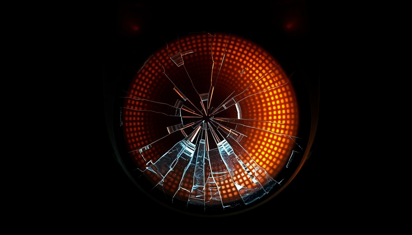 An extreme close-up photograph of a cracked and damaged traffic signal lens, conceptually representing the aftermath of a pedestrian-vehicle collision in an urban setting.