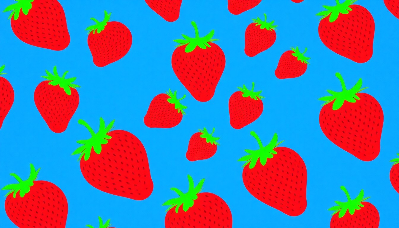 A bold, colorful silkscreen-style illustration featuring a repeating pattern of bright red strawberries against a background of neon greens and blues, conceptually representing the fresh, seasonal flavors of a spring salad.