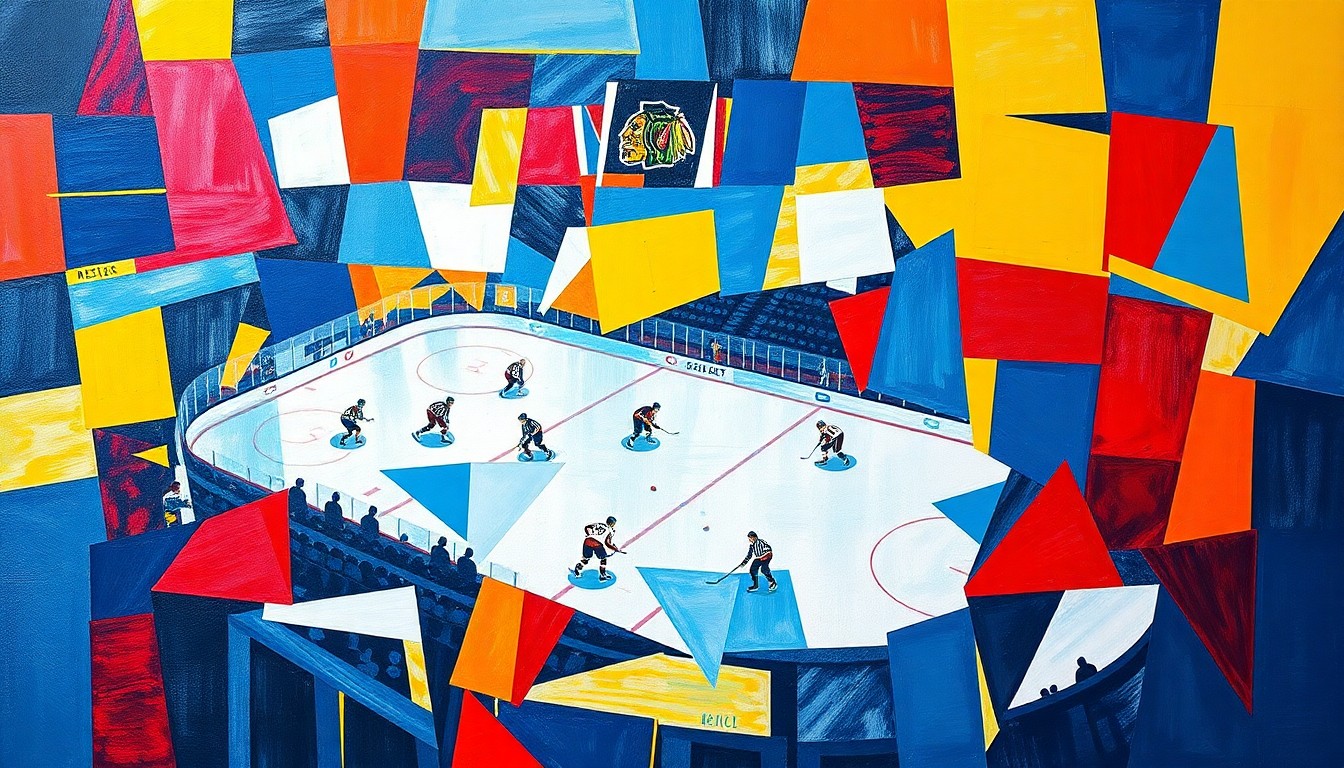 A cubist, geometric illustration depicting an NHL hockey game broken down into abstract shapes and planes of color, representing the strategic challenges teams will face under the new playoff salary cap.