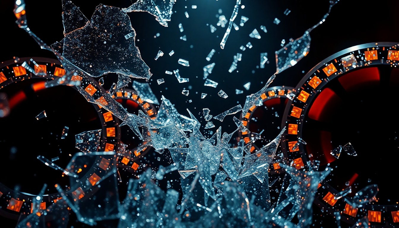 An abstract close-up photograph featuring shards of shattered glass and coils of glittering film reel, bathed in dramatic studio lighting to create a sense of high-end glamour and cinematic spectacle.