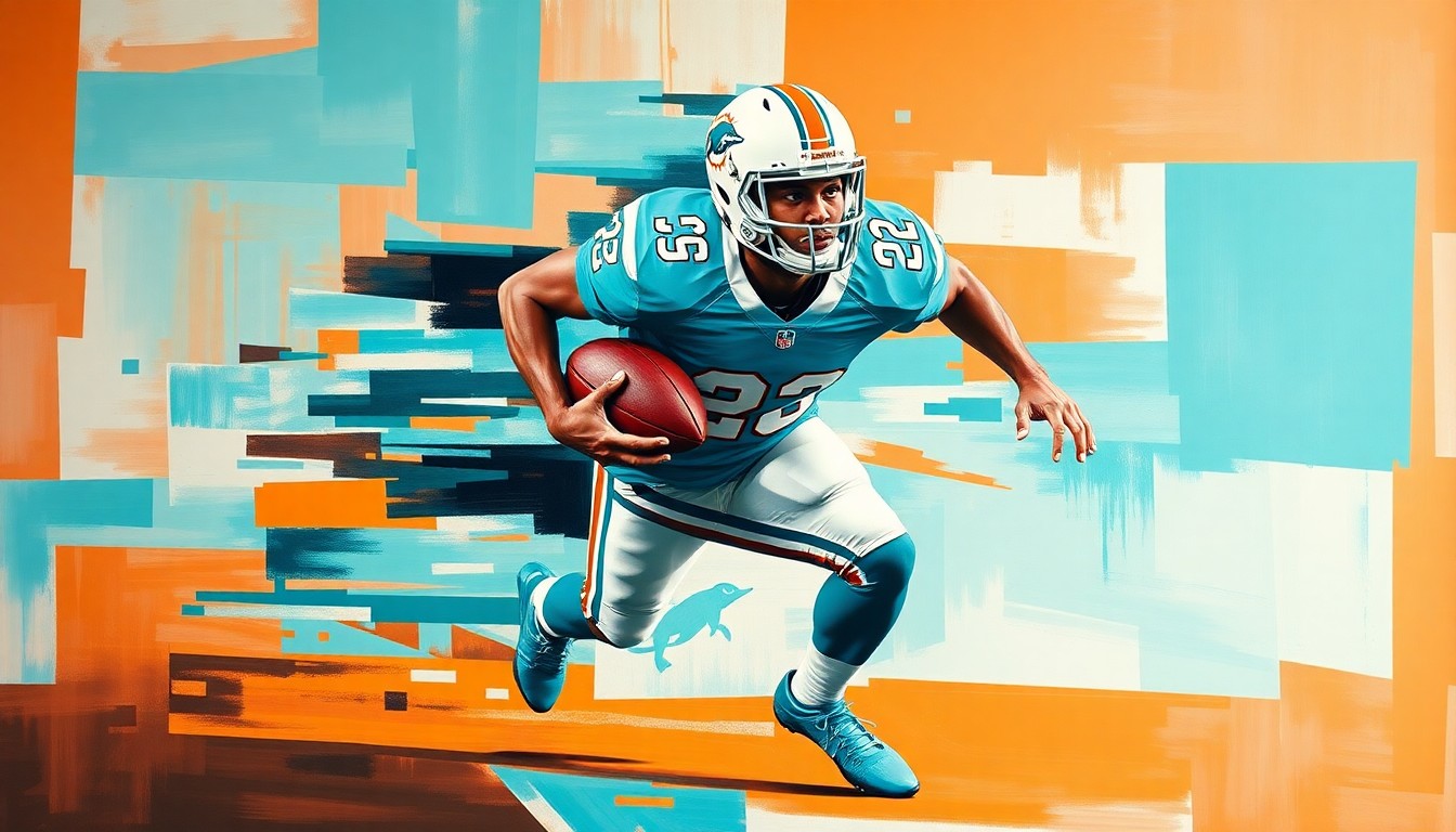 A cubist, geometric painting depicting a Miami Dolphins running back in motion, with sharp, overlapping planes of teal, orange, and white colors capturing the dynamic energy of the player.
