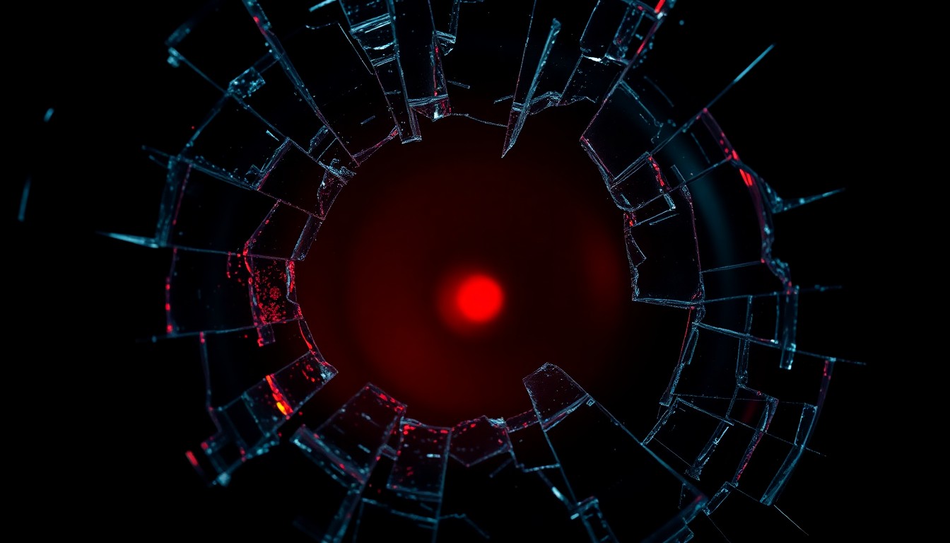 An extreme close-up of a shattered camera lens reflecting a faint red light, conceptually representing the disruption and fragility of a high-profile production.
