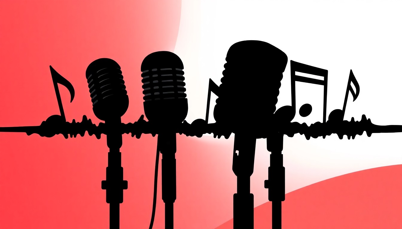 A minimalist, abstract illustration featuring black silhouettes of microphones and musical notes set against a high-contrast red and white background, conceptually representing the end of a musical journey for two local contestants.