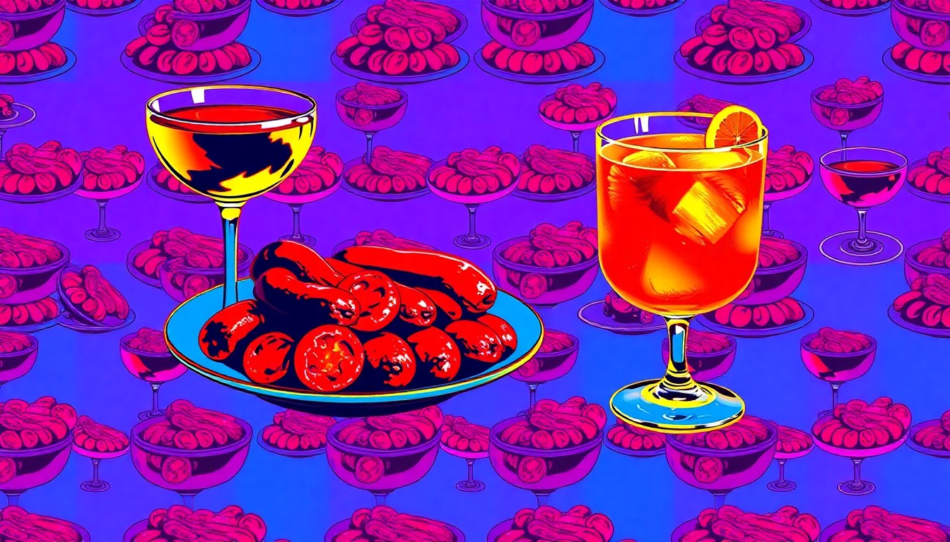 A vibrant, high-contrast silkscreen print featuring a repeating grid of cocktail glasses and Basque chorizo sausages, conceptually representing Boise's acclaimed food and drink destinations.