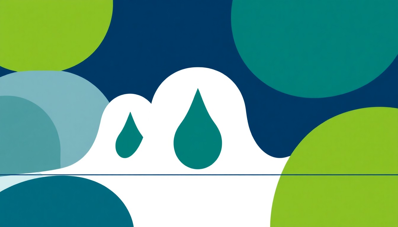 A minimalist, abstract illustration featuring overlapping geometric shapes in shades of blue, green, and gray, conveying the expansion and increasing prominence of the green hydrogen industry.