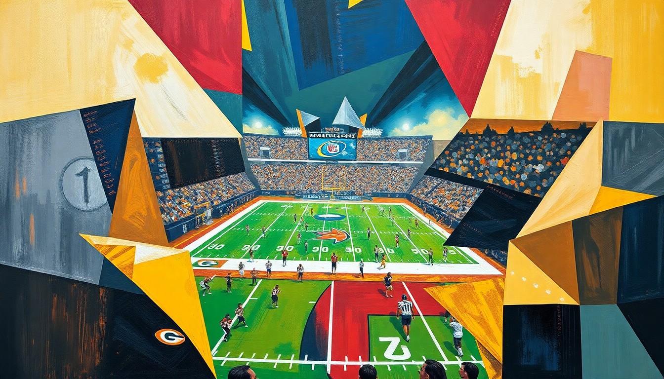 A cubist, geometric painting depicting fragmented football players and draft prospects, representing the complex decisions facing the Jets' front office.