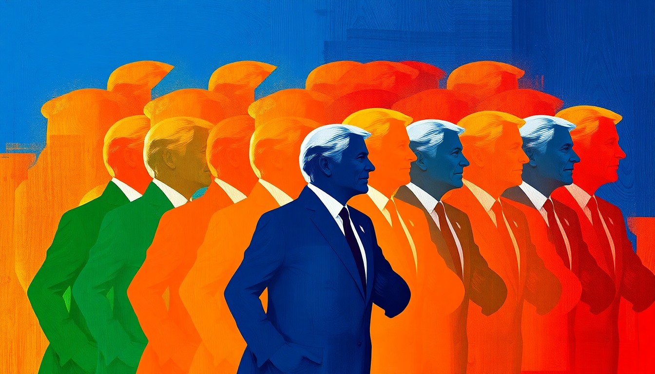 A dynamic, abstract painting featuring the fragmented silhouette of a politician in motion, repeated in overlapping geometric shapes and bold, contrasting colors, conceptually representing the disconnect between lawmakers and the hardships faced by federal workers during the government shutdown.