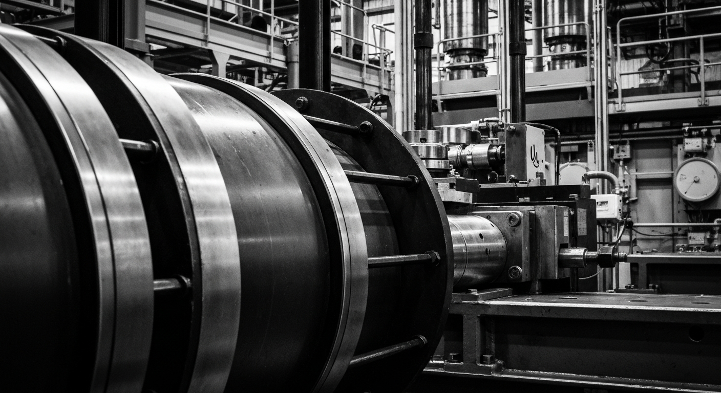 A high-contrast, close-up black and white photograph of heavy industrial machinery and equipment used for safety testing and certification, conveying the scale, complexity, and importance of UL Solutions' work.