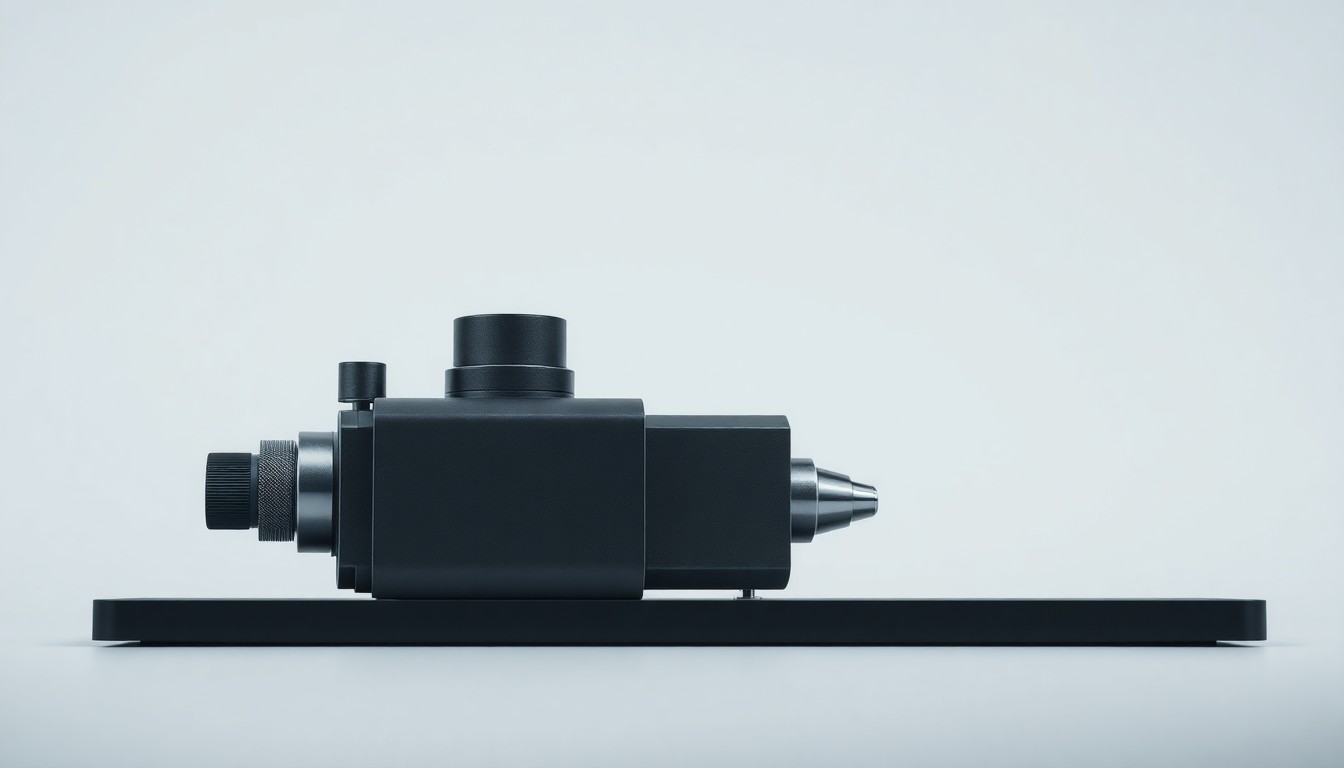 A photorealistic studio still life of a sleek, metallic scientific instrument or electronic component arranged elegantly on a clean, monochromatic background with dramatic studio lighting, conveying a sense of precision, technology, and industrial design.