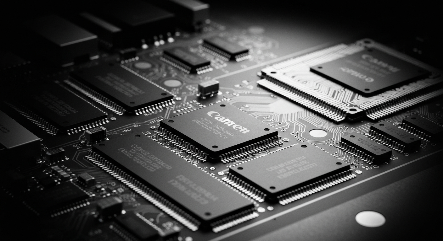 A highly detailed, cinematic close-up image of the inner workings of semiconductor components and circuit boards, dramatically lit to convey the complex financial infrastructure behind Marvell Technology's products.
