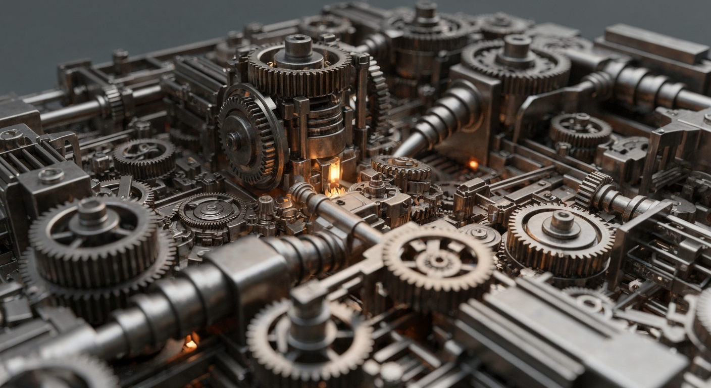 An extreme close-up of the intricate machinery and components that make up a modern banking or financial system, rendered in a high-contrast, industrial style that emphasizes the weight and power of these unseen but critical systems.