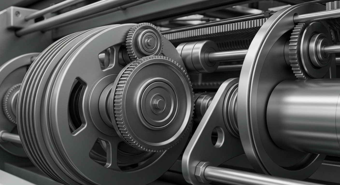 A close-up, cinematic shot of the inner workings of a high-tech textile manufacturing machine, with gears, pulleys, and moving parts in shades of silver, steel, and gunmetal grey, conveying a sense of the scale and complexity of modern apparel production.