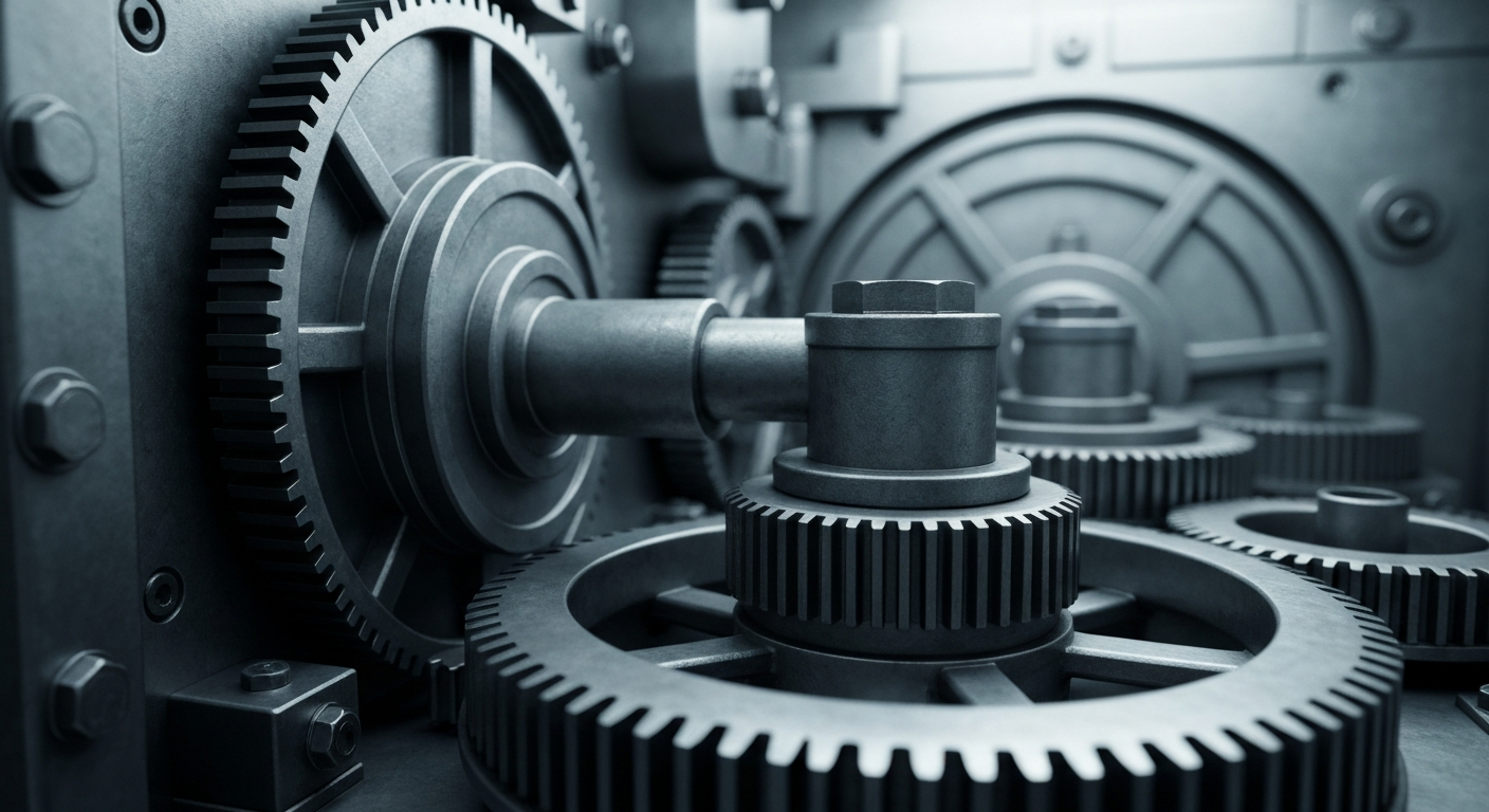 An extreme close-up of the complex inner workings of a bank vault, with gears, levers, and metal components dramatically lit to convey a sense of the institutional power and security of the banking industry.