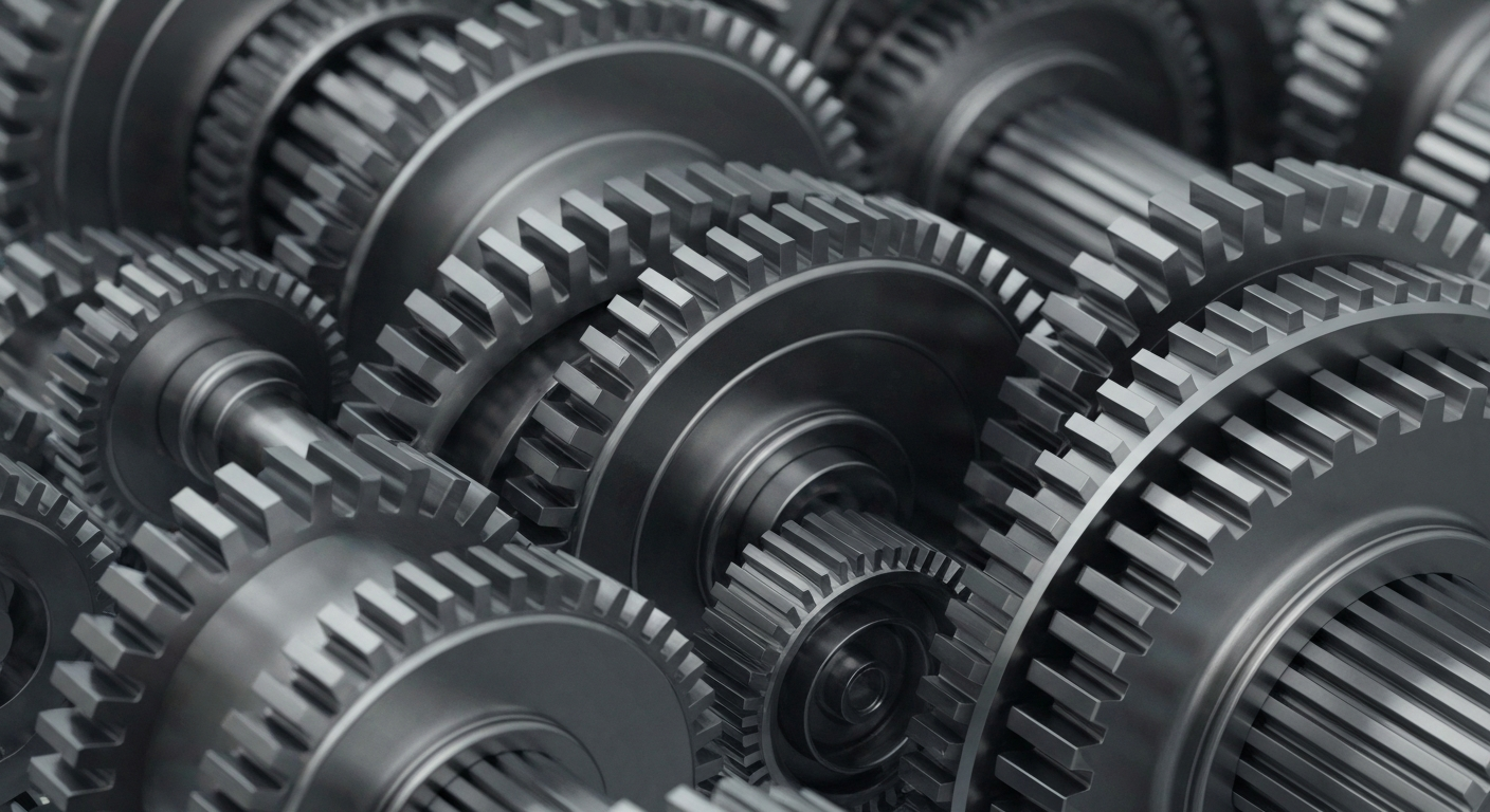 A highly detailed, black-and-white close-up photograph of the inner workings of an industrial machine, conveying the complex, powerful nature of the pharmaceutical distribution industry without using any text or identifiable elements.