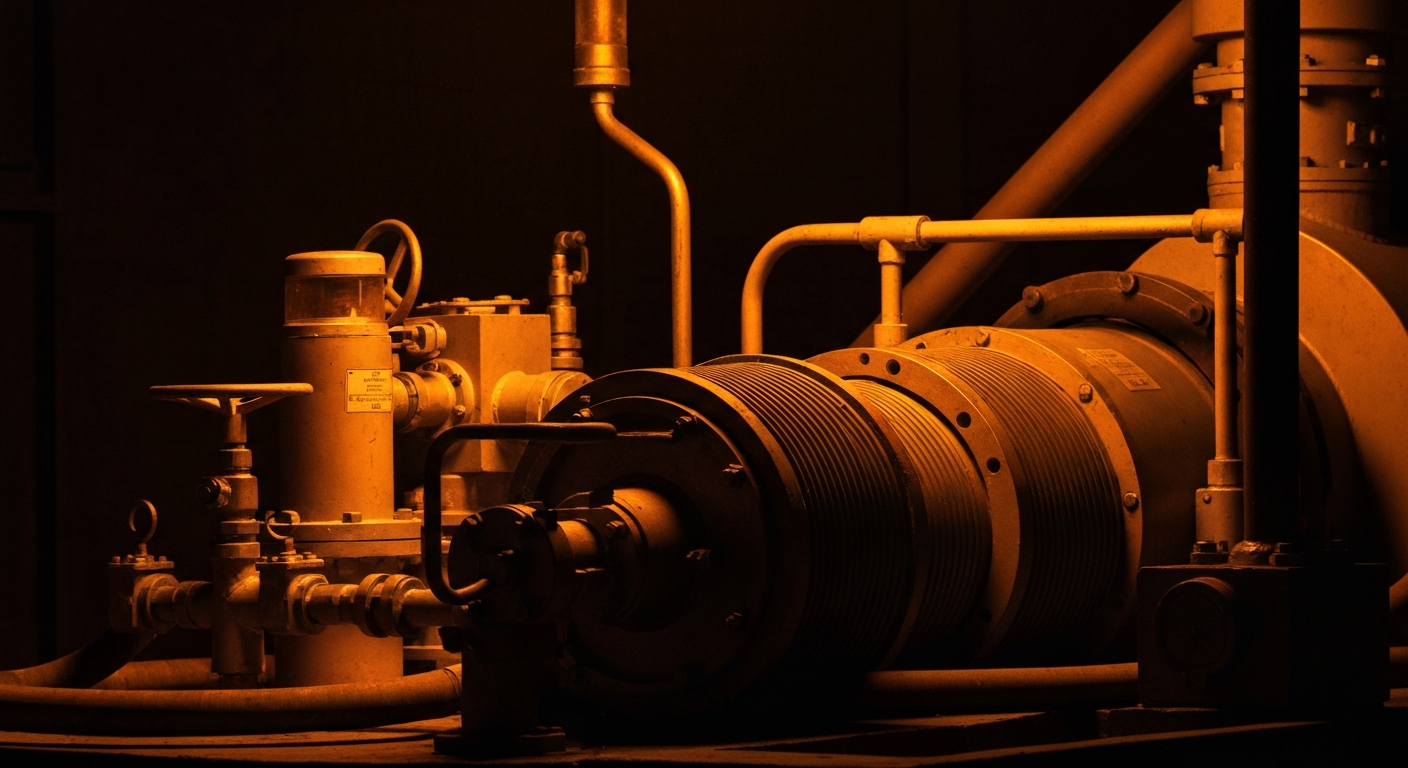 An extreme close-up of industrial equipment and machinery, dramatically lit against a dark background, conceptually representing the critical infrastructure services provided by APi Group.