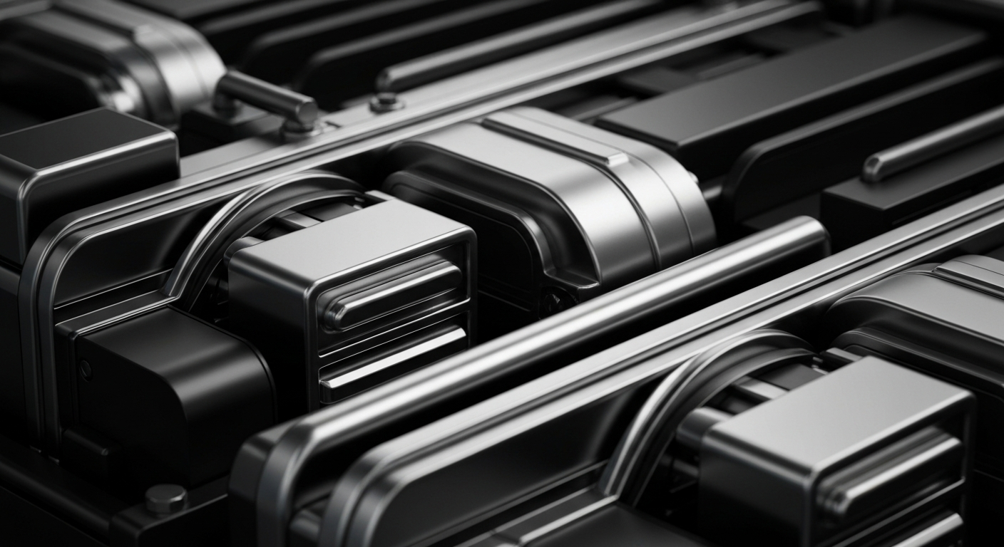 An extreme close-up of gleaming, industrial banking equipment and machinery, conveying the secure, institutional nature of the financial services sector without using any text or identifiable elements.