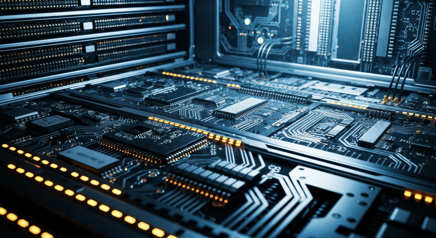An extreme close-up of the complex inner machinery of a financial data server, with a sense of technological power and precision conveyed through the detailed, textured metal components and blinking indicator lights.
