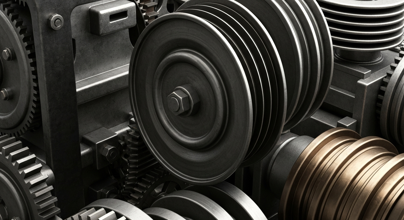 An extreme close-up of interlocking metal gears and pulleys in shades of steel grey and bronze, conceptually representing the institutional financial machinery behind major investment decisions.