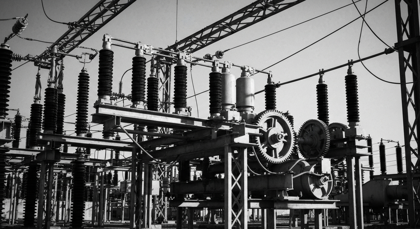 A high-contrast black and white image of the intricate machinery and gears of an electric utility substation, capturing the industrial scale and technical complexity of the power grid.