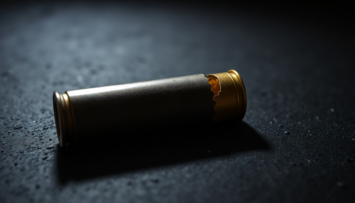 An extreme close-up photograph of a sawed-off shotgun shell casing lying on a dark, textured surface, conceptually illustrating the dangerous nature of illegal firearms used in a recent shooting incident.